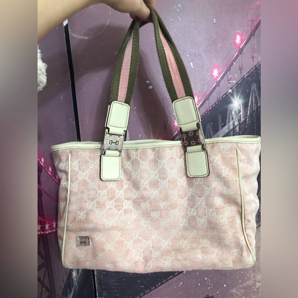 Gucci hand bag pink canvas tote pocket stripe Authentic RARE - Picture 4 of 14